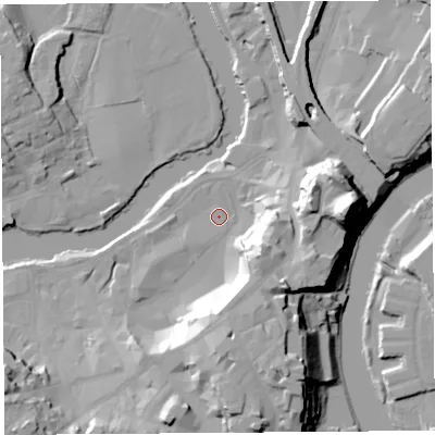 Shaded relief map of the ground around SY11PL, computed from Environment Agency LiDAR. The ground here sits at about 52 m above sea level and falls 33 m across the surrounding 800 m. Surface water reaching this point runs off ground lying to the south, 20.6 m higher.
