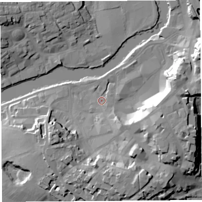 Shaded relief map of the ground around SY11PP, computed from Environment Agency LiDAR. The ground here sits at about 53 m above sea level and falls 24 m across the surrounding 800 m. Surface water reaching this point runs off ground lying to the east-south-east, 21.1 m higher.