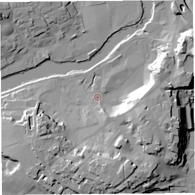 Shaded relief map of the ground around SY11PQ, computed from Environment Agency LiDAR. The ground here sits at about 53 m above sea level and falls 25 m across the surrounding 800 m. Surface water reaching this point runs off ground lying to the east-south-east, 20.6 m higher.