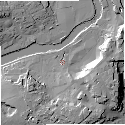 Shaded relief map of the ground around SY11PR, computed from Environment Agency LiDAR. The ground here sits at about 52 m above sea level and falls 24 m across the surrounding 800 m. Surface water reaching this point runs off ground lying to the east-south-east, 21.1 m higher.