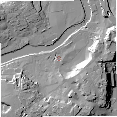 Shaded relief map of the ground around SY11PT, computed from Environment Agency LiDAR. The ground here sits at about 52 m above sea level and falls 28 m across the surrounding 800 m. Surface water reaching this point runs off ground lying to the south-east, 21.3 m higher.