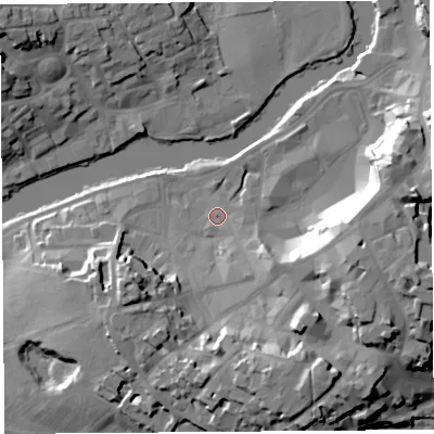 Shaded relief map of the ground around SY11PU, computed from Environment Agency LiDAR. The ground here sits at about 53 m above sea level and falls 24 m across the surrounding 800 m. Surface water reaching this point runs off ground lying to the south-east, 9.6 m higher.