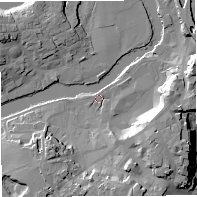 Shaded relief map of the ground around SY11PW, computed from Environment Agency LiDAR. The ground here sits at about 52 m above sea level and falls 24 m across the surrounding 800 m. Surface water reaching this point runs off ground lying to the south-east, 21.7 m higher.