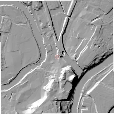Shaded relief map of the ground around SY11PX, computed from Environment Agency LiDAR. The ground here sits at about 52 m above sea level and falls 33 m across the surrounding 800 m. Surface water reaching this point runs off ground lying to the south-east, 29.5 m higher.