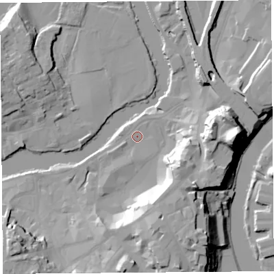 Shaded relief map of the ground around SY11QB, computed from Environment Agency LiDAR. The ground here sits at about 52 m above sea level and falls 33 m across the surrounding 800 m. Surface water reaching this point runs off ground lying to the south-south-east, 20.6 m higher.