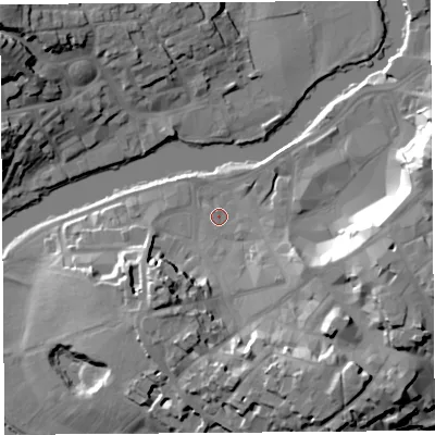 Shaded relief map of the ground around SY11QS, computed from Environment Agency LiDAR. The ground here sits at about 53 m above sea level and falls 24 m across the surrounding 800 m. Surface water reaching this point runs off ground lying to the east-south-east, 19.3 m higher.