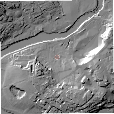 Shaded relief map of the ground around SY11QU, computed from Environment Agency LiDAR. The ground here sits at about 54 m above sea level and falls 24 m across the surrounding 800 m. Surface water reaching this point runs off ground lying to the east-south-east, 18.9 m higher.