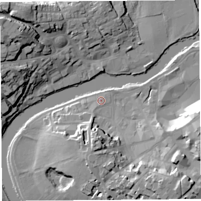 Shaded relief map of the ground around SY11RT, computed from Environment Agency LiDAR. The ground here sits at about 53 m above sea level and falls 26 m across the surrounding 800 m. Surface water reaching this point runs off ground lying to the north-east, 1.4 m higher.