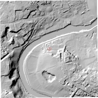 Shaded relief map of the ground around SY11RU, computed from Environment Agency LiDAR. The ground here sits at about 56 m above sea level and falls 32 m across the surrounding 800 m. Surface water reaching this point runs off ground lying to the south-south-east, 3.2 m higher.
