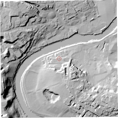 Shaded relief map of the ground around SY11RX, computed from Environment Agency LiDAR. The ground here sits at about 55 m above sea level and falls 31 m across the surrounding 800 m. Surface water reaching this point runs off ground lying to the south-south-east, 10.8 m higher.