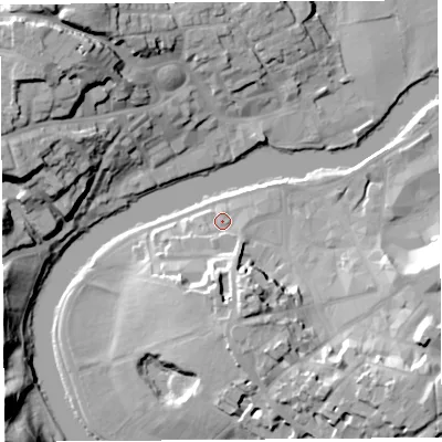 Shaded relief map of the ground around SY11RY, computed from Environment Agency LiDAR. The ground here sits at about 53 m above sea level and falls 26 m across the surrounding 800 m. Surface water reaching this point runs off ground lying to the south, 11.8 m higher.