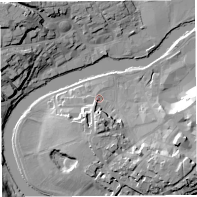 Shaded relief map of the ground around SY11SA, computed from Environment Agency LiDAR. The ground here sits at about 54 m above sea level and falls 26 m across the surrounding 800 m. Surface water reaching this point runs off ground lying to the south, 13.6 m higher.