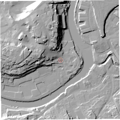 Shaded relief map of the ground around SY11TG, computed from Environment Agency LiDAR. The ground here sits at about 53 m above sea level and falls 25 m across the surrounding 800 m. Surface water reaching this point runs off ground lying to the west-north-west, 14.9 m higher.