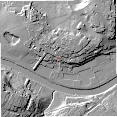 Shaded relief map of the ground around SY11TN, computed from Environment Agency LiDAR. The ground here sits at about 61 m above sea level and falls 32 m across the surrounding 800 m. Surface water reaching this point runs off ground lying to the north-north-east, 6.8 m higher.