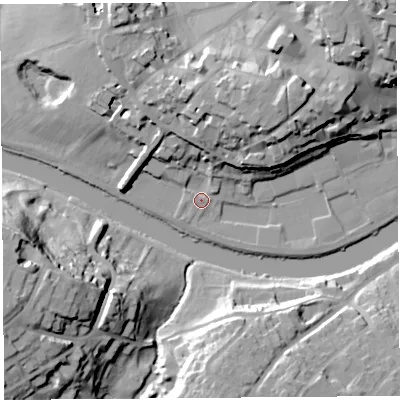 Shaded relief map of the ground around SY11TR, computed from Environment Agency LiDAR. The ground here sits at about 51 m above sea level and falls 32 m across the surrounding 800 m. Surface water reaching this point runs off ground lying to the north-north-east, 17.8 m higher.