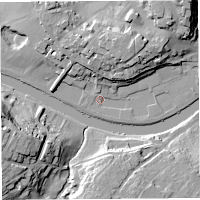 Shaded relief map of the ground around SY11TS, computed from Environment Agency LiDAR. The ground here sits at about 51 m above sea level and falls 31 m across the surrounding 800 m. Surface water reaching this point runs off ground lying to the north, 19.0 m higher.