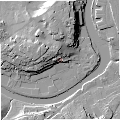 Shaded relief map of the ground around SY11TT, computed from Environment Agency LiDAR. The ground here sits at about 58 m above sea level and falls 25 m across the surrounding 800 m. Surface water reaching this point runs off ground lying to the north-north-west, 10.6 m higher.