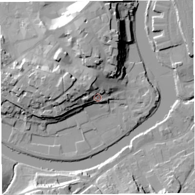 Shaded relief map of the ground around SY11TX, computed from Environment Agency LiDAR. The ground here sits at about 58 m above sea level and falls 25 m across the surrounding 800 m. Surface water reaching this point runs off ground lying to the north-west, 11.1 m higher.