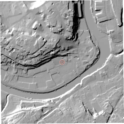 Shaded relief map of the ground around SY11TY, computed from Environment Agency LiDAR. The ground here sits at about 51 m above sea level and falls 25 m across the surrounding 800 m. Surface water reaching this point runs off ground lying to the north-west, 11.9 m higher.