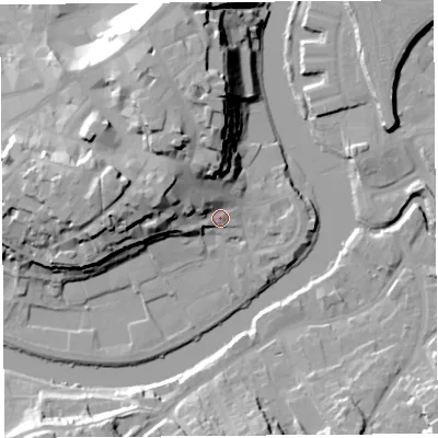 Shaded relief map of the ground around SY11TZ, computed from Environment Agency LiDAR. The ground here sits at about 54 m above sea level and falls 25 m across the surrounding 800 m. Surface water reaching this point runs off ground lying to the west-north-west, 14.3 m higher.