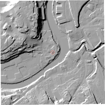 Shaded relief map of the ground around SY11UD, computed from Environment Agency LiDAR. The ground here sits at about 52 m above sea level and falls 25 m across the surrounding 800 m. Surface water reaching this point runs off ground lying to the north-north-east, 1.4 m higher.