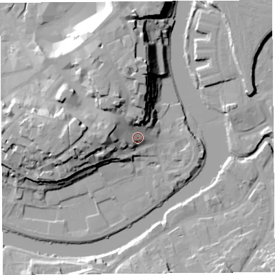 Shaded relief map of the ground around SY11UX, computed from Environment Agency LiDAR. The ground here sits at about 58 m above sea level and falls 25 m across the surrounding 800 m. Surface water reaching this point runs off ground lying to the north, 16.6 m higher.