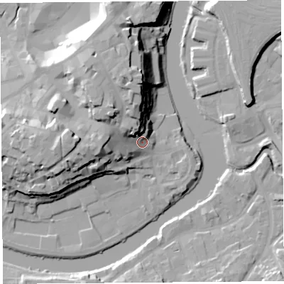 Shaded relief map of the ground around SY11XB, computed from Environment Agency LiDAR. The ground here sits at about 56 m above sea level and falls 25 m across the surrounding 800 m. Surface water reaching this point runs off ground lying to the north-north-west, 18.4 m higher.