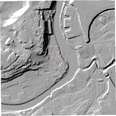 Shaded relief map of the ground around SY11XF, computed from Environment Agency LiDAR. The ground here sits at about 51 m above sea level and falls 25 m across the surrounding 800 m. Surface water reaching this point runs off ground lying to the north-west, 21.7 m higher.