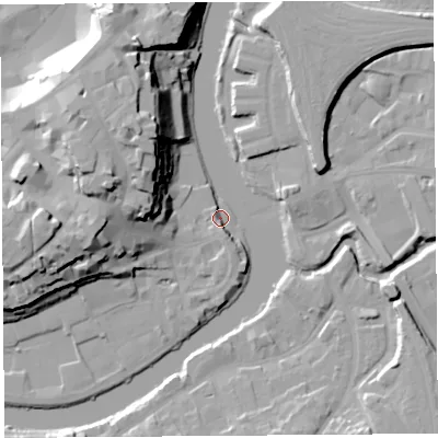 Shaded relief map of the ground around SY11XH, computed from Environment Agency LiDAR. The ground here sits at about 50 m above sea level and falls 25 m across the surrounding 800 m. Surface water reaching this point runs off ground lying to the south, 1.9 m higher.
