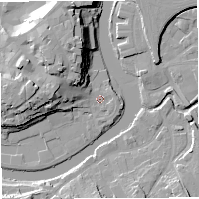 Shaded relief map of the ground around SY11XJ, computed from Environment Agency LiDAR. The ground here sits at about 52 m above sea level and falls 25 m across the surrounding 800 m. Surface water reaching this point runs off ground lying to the north-north-west, 21.6 m higher.