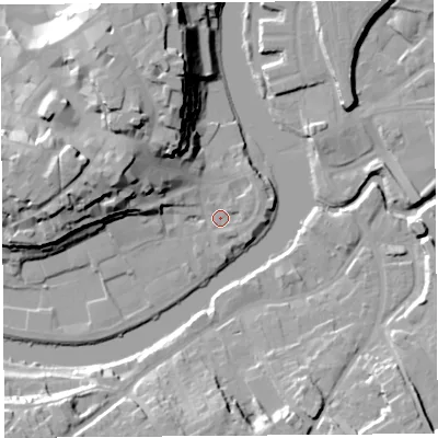Shaded relief map of the ground around SY11XL, computed from Environment Agency LiDAR. The ground here sits at about 52 m above sea level and falls 25 m across the surrounding 800 m. Surface water reaching this point runs off ground lying to the north-east, 1.4 m higher.