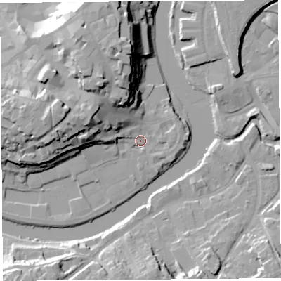 Shaded relief map of the ground around SY11XN, computed from Environment Agency LiDAR. The ground here sits at about 52 m above sea level and falls 25 m across the surrounding 800 m. Surface water reaching this point runs off ground lying to the east-north-east, 1.4 m higher.