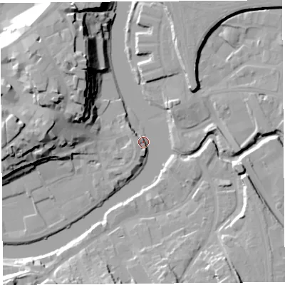 Shaded relief map of the ground around SY11XQ, computed from Environment Agency LiDAR. The ground here sits at about 51 m above sea level and falls 25 m across the surrounding 800 m. Surface water reaching this point runs off ground lying to the west, 20.7 m higher.