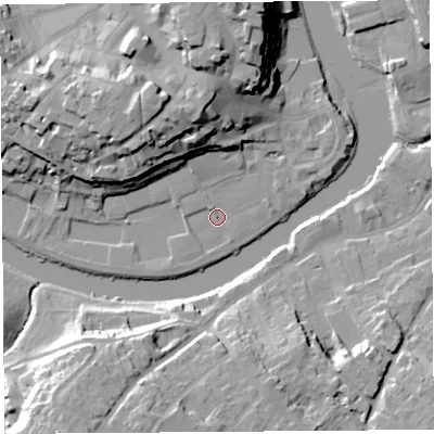 Shaded relief map of the ground around SY11XR, computed from Environment Agency LiDAR. The ground here sits at about 50 m above sea level and falls 25 m across the surrounding 800 m. Surface water reaching this point runs off ground lying to the north-west, 21.3 m higher.