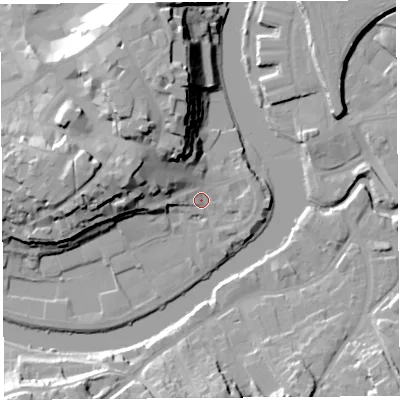 Shaded relief map of the ground around SY11XY, computed from Environment Agency LiDAR. The ground here sits at about 52 m above sea level and falls 25 m across the surrounding 800 m. Surface water reaching this point runs off ground lying to the west-north-west, 14.9 m higher.
