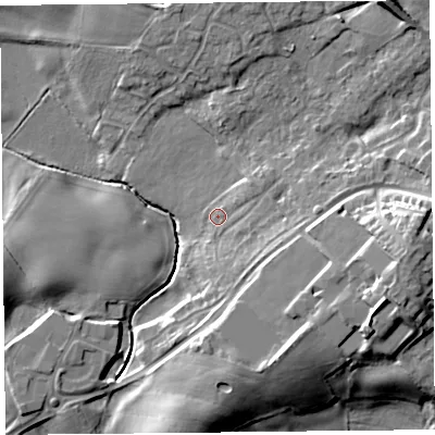 Shaded relief map of the ground around SY120BX, computed from Environment Agency LiDAR. The ground here sits at about 92 m above sea level and falls 18 m across the surrounding 800 m. Surface water reaching this point runs off ground lying to the east-south-east, 10.2 m higher.
