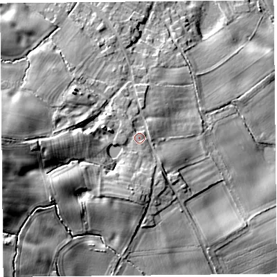 Shaded relief map of the ground around SY120JH, computed from Environment Agency LiDAR. The ground here sits at about 99 m above sea level and falls 20 m across the surrounding 800 m. Surface water reaching this point runs off ground lying to the west, 11.7 m higher.