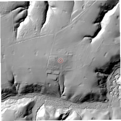 Shaded relief map of the ground around SY120NF, computed from Environment Agency LiDAR. The ground here sits at about 90 m above sea level and falls 40 m across the surrounding 800 m. Surface water reaching this point runs off ground lying to the west, 2.1 m higher.
