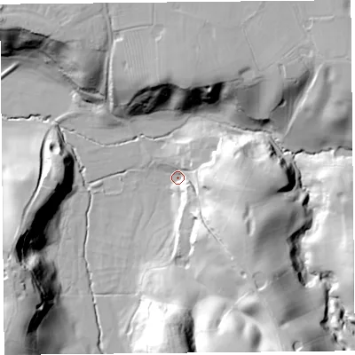 Shaded relief map of the ground around SY120NQ, computed from Environment Agency LiDAR. The ground here sits at about 48 m above sea level and falls 39 m across the surrounding 800 m. Surface water reaching this point runs off ground lying to the south-east, 29.8 m higher.