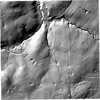 Shaded relief map of the ground around SY129EB, computed from Environment Agency LiDAR. The ground here sits at about 90 m above sea level and falls 25 m across the surrounding 800 m. Surface water reaching this point runs off ground lying to the south-south-east, 15.0 m higher.