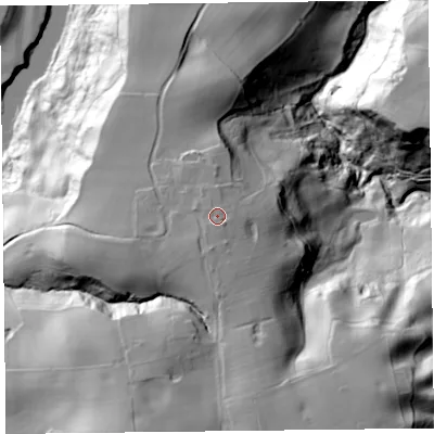 Shaded relief map of the ground around SY129EN, computed from Environment Agency LiDAR. The ground here sits at about 82 m above sea level and falls 63 m across the surrounding 800 m. Surface water reaching this point runs off ground lying to the south, 1.9 m higher.