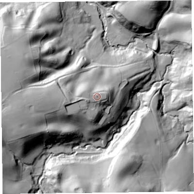 Shaded relief map of the ground around SY129EW, computed from Environment Agency LiDAR. The ground here sits at about 79 m above sea level and falls 51 m across the surrounding 800 m. Surface water reaching this point runs off ground lying to the west-south-west, 7.2 m higher.