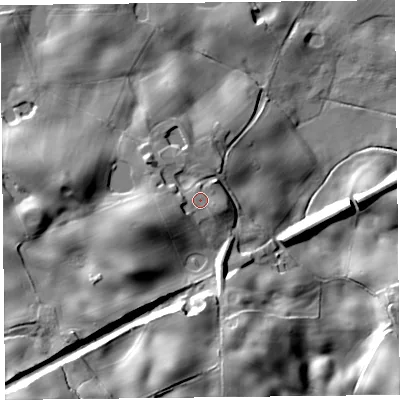 Shaded relief map of the ground around SY129HE, computed from Environment Agency LiDAR. The ground here sits at about 110 m above sea level and falls 31 m across the surrounding 800 m. Surface water reaching this point runs off ground lying to the west-south-west, 5.4 m higher.