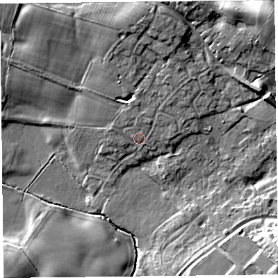 Shaded relief map of the ground around SY129PF, computed from Environment Agency LiDAR. The ground here sits at about 94 m above sea level and falls 16 m across the surrounding 800 m. Surface water reaching this point runs off ground lying to the north, 2.0 m higher.
