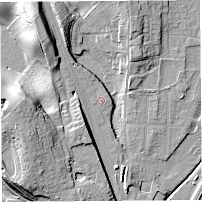Shaded relief map of the ground around SY12BF, computed from Environment Agency LiDAR. The ground here sits at about 56 m above sea level and falls 23 m across the surrounding 800 m. Surface water reaching this point runs off ground lying to the east-south-east, 1.0 m higher.