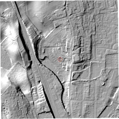 Shaded relief map of the ground around SY12BT, computed from Environment Agency LiDAR. The ground here sits at about 54 m above sea level and falls 23 m across the surrounding 800 m. Surface water reaching this point runs off ground lying to the north, 14.2 m higher.