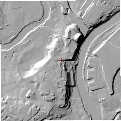 Shaded relief map of the ground around SY12BX, computed from Environment Agency LiDAR. The ground here sits at about 68 m above sea level and falls 33 m across the surrounding 800 m. Surface water reaching this point runs off ground lying to the south, 9.9 m higher.