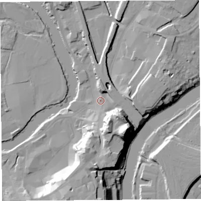 Shaded relief map of the ground around SY12DJ, computed from Environment Agency LiDAR. The ground here sits at about 54 m above sea level and falls 33 m across the surrounding 800 m. Surface water reaching this point runs off ground lying to the south-south-west, 18.6 m higher.