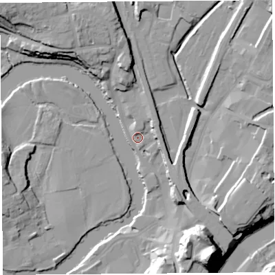 Shaded relief map of the ground around SY12DP, computed from Environment Agency LiDAR. The ground here sits at about 52 m above sea level and falls 33 m across the surrounding 800 m. Surface water reaching this point runs off ground lying to the south-south-east, 30.9 m higher.