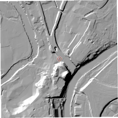 Shaded relief map of the ground around SY12DQ, computed from Environment Agency LiDAR. The ground here sits at about 56 m above sea level and falls 33 m across the surrounding 800 m. Surface water reaching this point runs off ground lying to the south-south-east, 19.4 m higher.